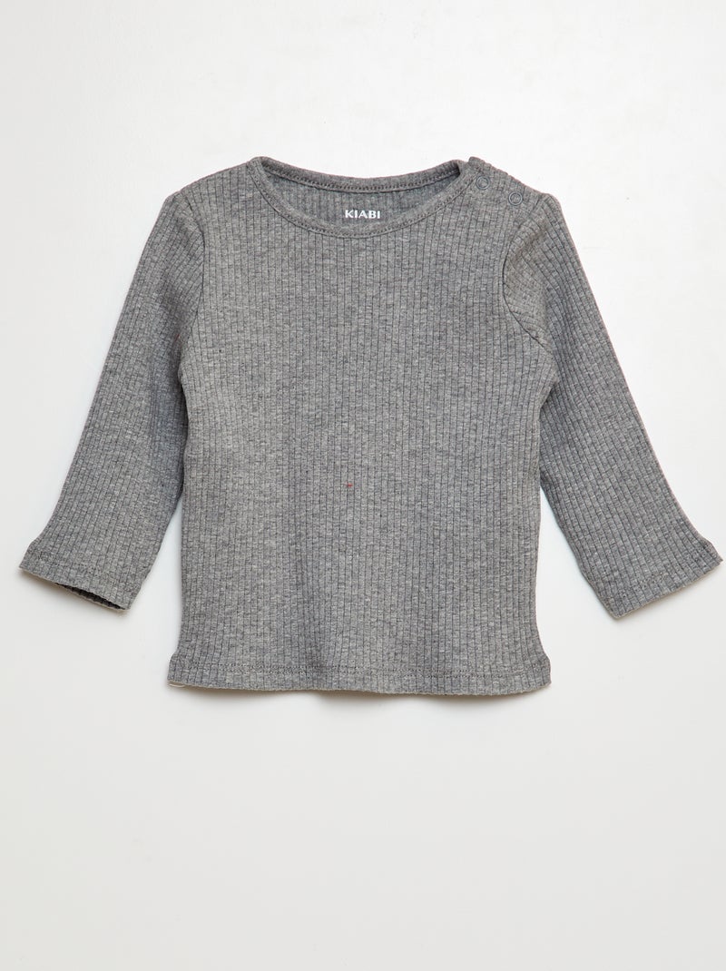 Pack de 2 camisetas lisas de canalé de manga larga GRIS - Kiabi