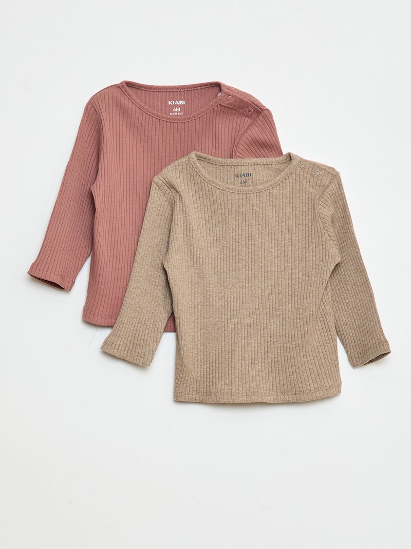 Pack de 2 camisetas lisas de canalé de manga larga Marron - Kiabi