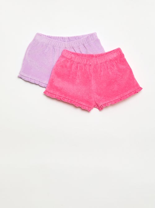 Pack de 2 pantalones cortos lisos de rizo con volantes - Kiabi