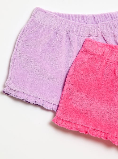 Pack de 2 pantalones cortos lisos de rizo con volantes - Kiabi