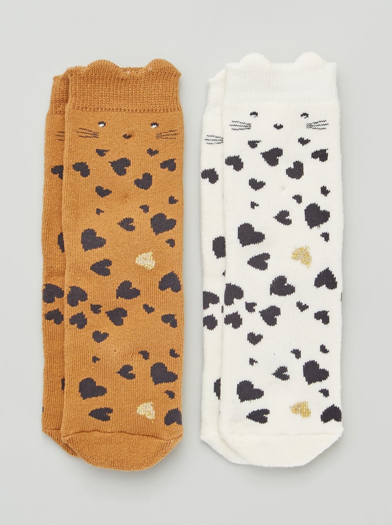 Pack de 2 pares de calcetines de 'corazones' y 'gato' MARRON - Kiabi