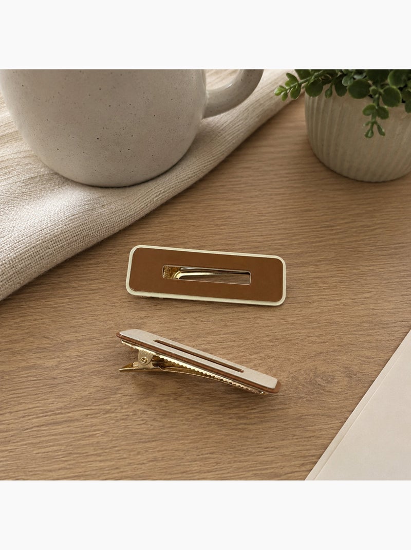 Pack de 2 pasadores de pelo rectangulares minimalistas Camel - Kiabi