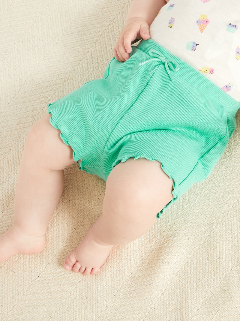 Pack de 2 shorts de canalé con borde ondulado verde/rosa - Kiabi