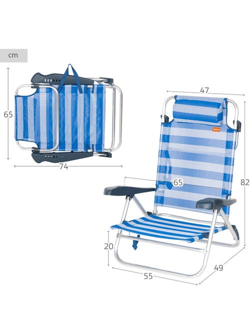 Pack de 2 sillas de playa plegables y reclinables 8 posiciones c/cojín  aktive - Kiabi