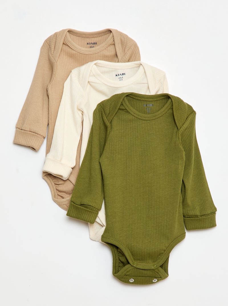 Pack de 3 bodies de manga larga con cuello americano Beige - Kiabi