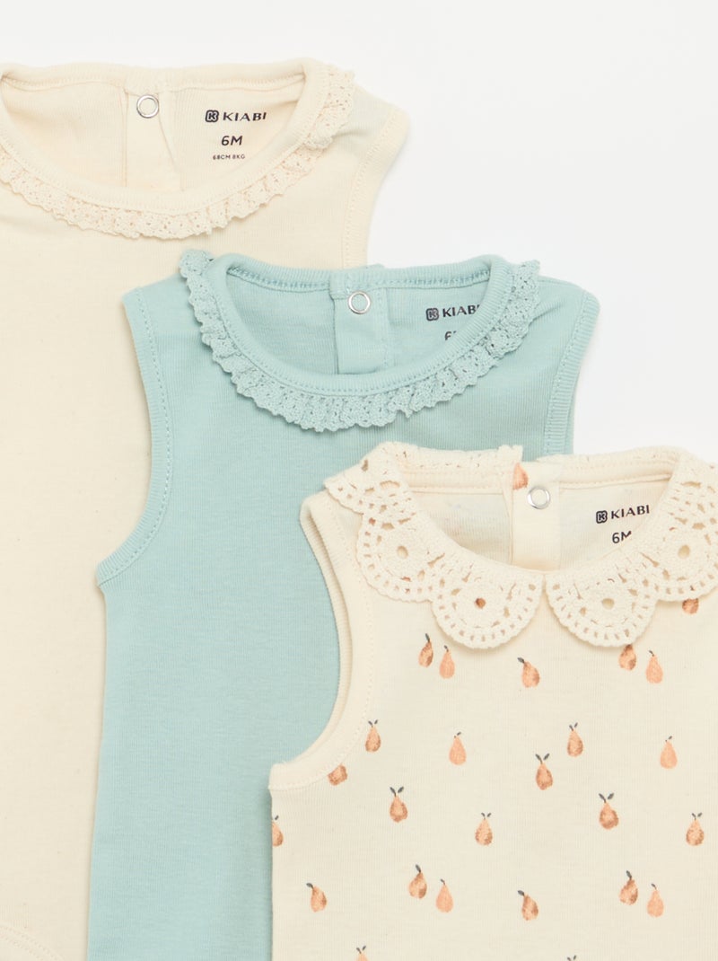 Pack de 3 bodis con cuello redondo y bordados Beige - Kiabi