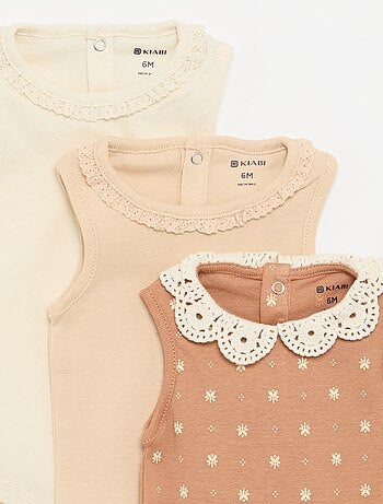 Pack de 3 bodis con cuello redondo y bordados