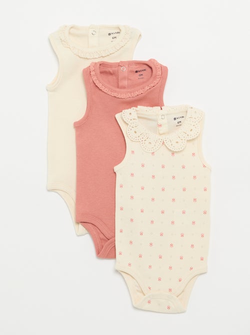 Pack de 3 bodis con cuello redondo y bordados - Kiabi