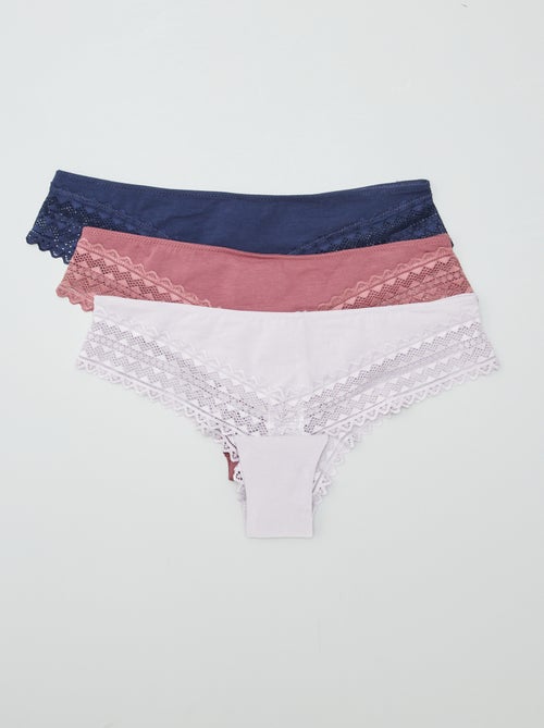 Pack de 3 braguitas brasileñas de algodón y encaje - Kiabi
