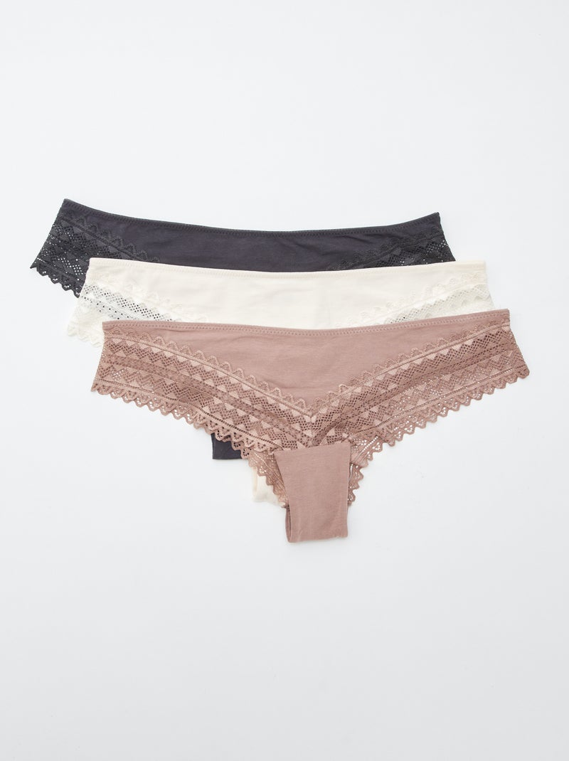 Pack de 3 braguitas brasileñas de algodón y encaje ROSA - Kiabi