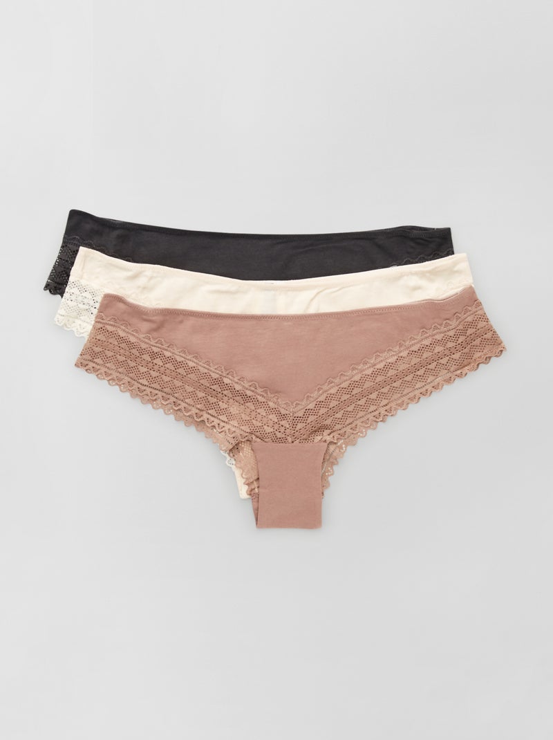 Pack de 3 braguitas brasileñas de algodón y encaje ROSA - Kiabi