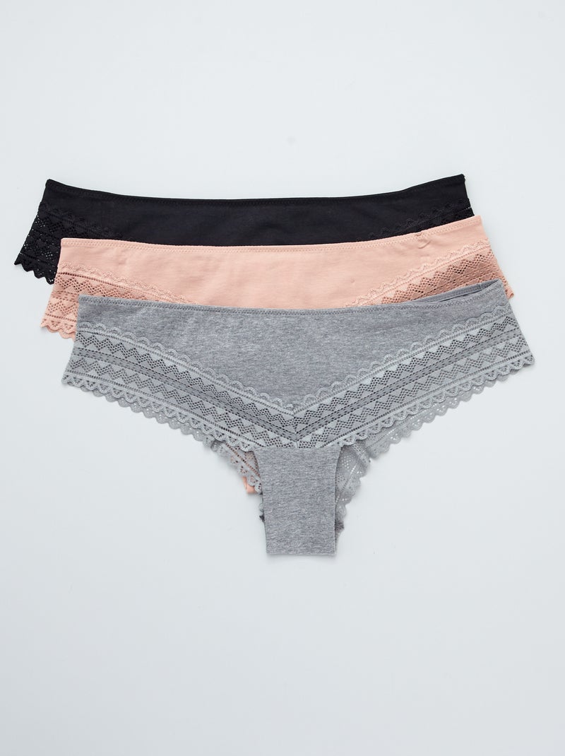 Pack de 3 braguitas brasileñas de algodón y encaje ROSA - Kiabi