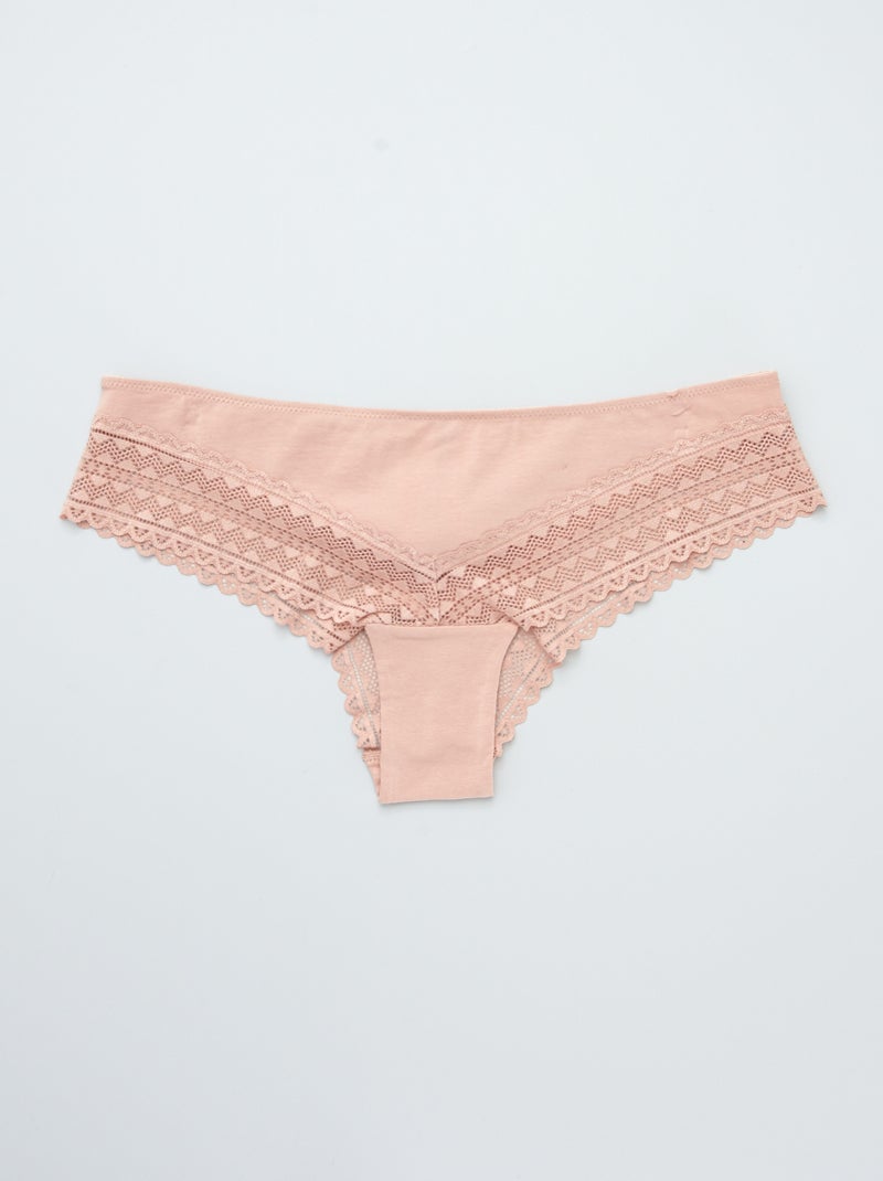 Pack de 3 braguitas brasileñas de algodón y encaje ROSA - Kiabi