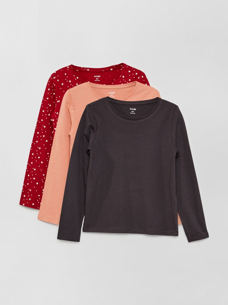 Pack de 3 camisetas de manga larga lisas y estampada ROJO - Kiabi