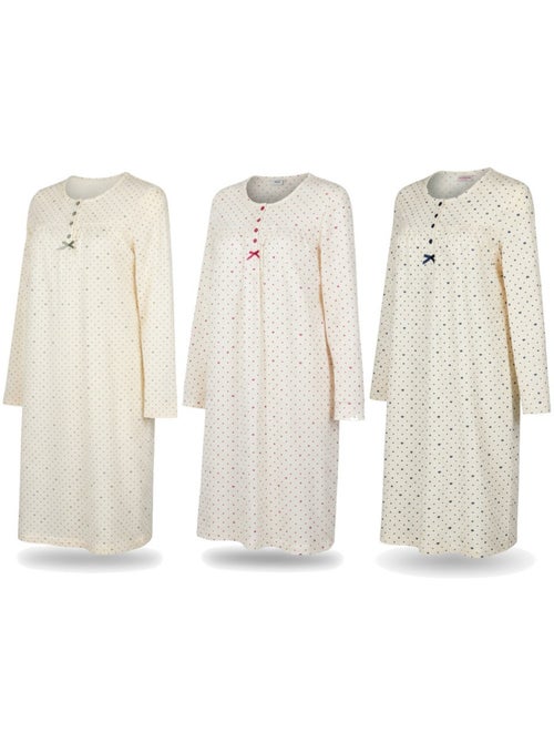 Pack de 3 camisones mujer ozabi algodón manga larga cuello redondo - Kiabi Pack de 3 camisones mujer ozabi algodón manga larga cuello redondo - Kiabi