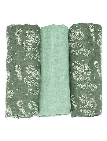 Pack de 3 pañales de muselina para bebé con estampado de hojas