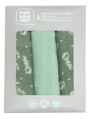 Pack de 3 pañales de muselina para bebé con estampado de hojas