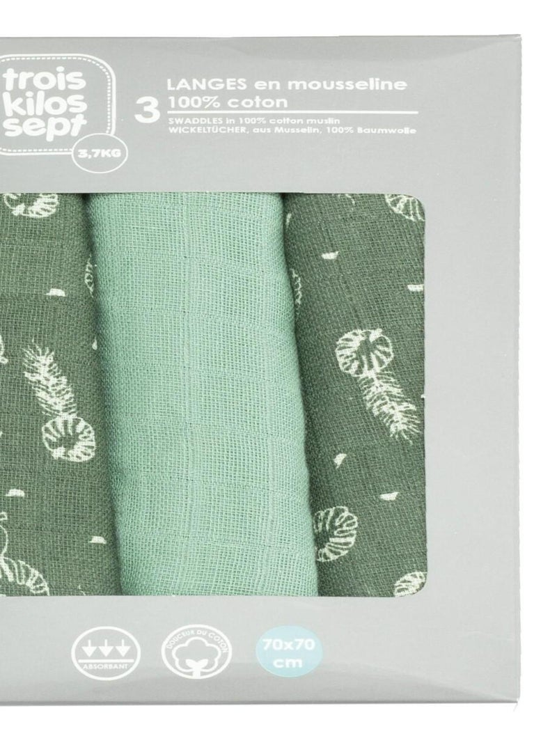 Pack de 3 pañales de muselina para bebé con estampado de hojas Verde - Kiabi