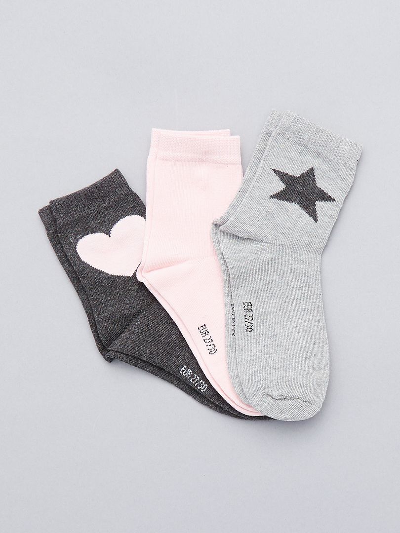 Pack de 3 pares de calcetines con motivo de corazón y estrella rosa/gris - Kiabi