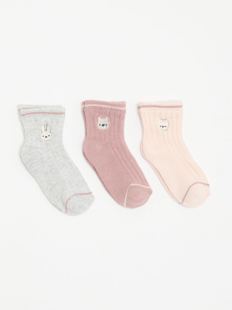 Pack de 3 pares de calcetines tobilleros con bordado de fantasía Rosa - Kiabi