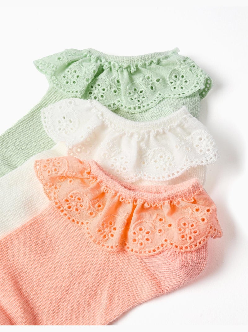 Pack de 3 pares de calcetines tobilleros con bordado inglés Rosa/Blanco/Verde - Kiabi