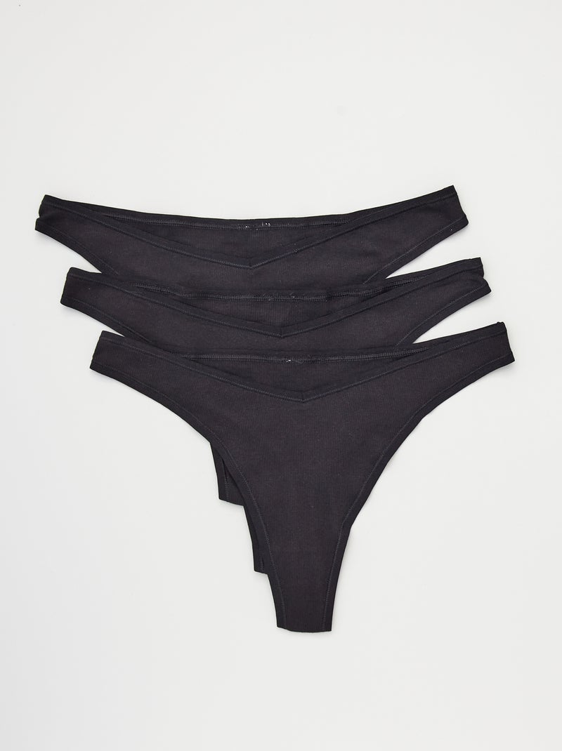 Pack de 3 tangas de algodón de canalé fino negro - Kiabi