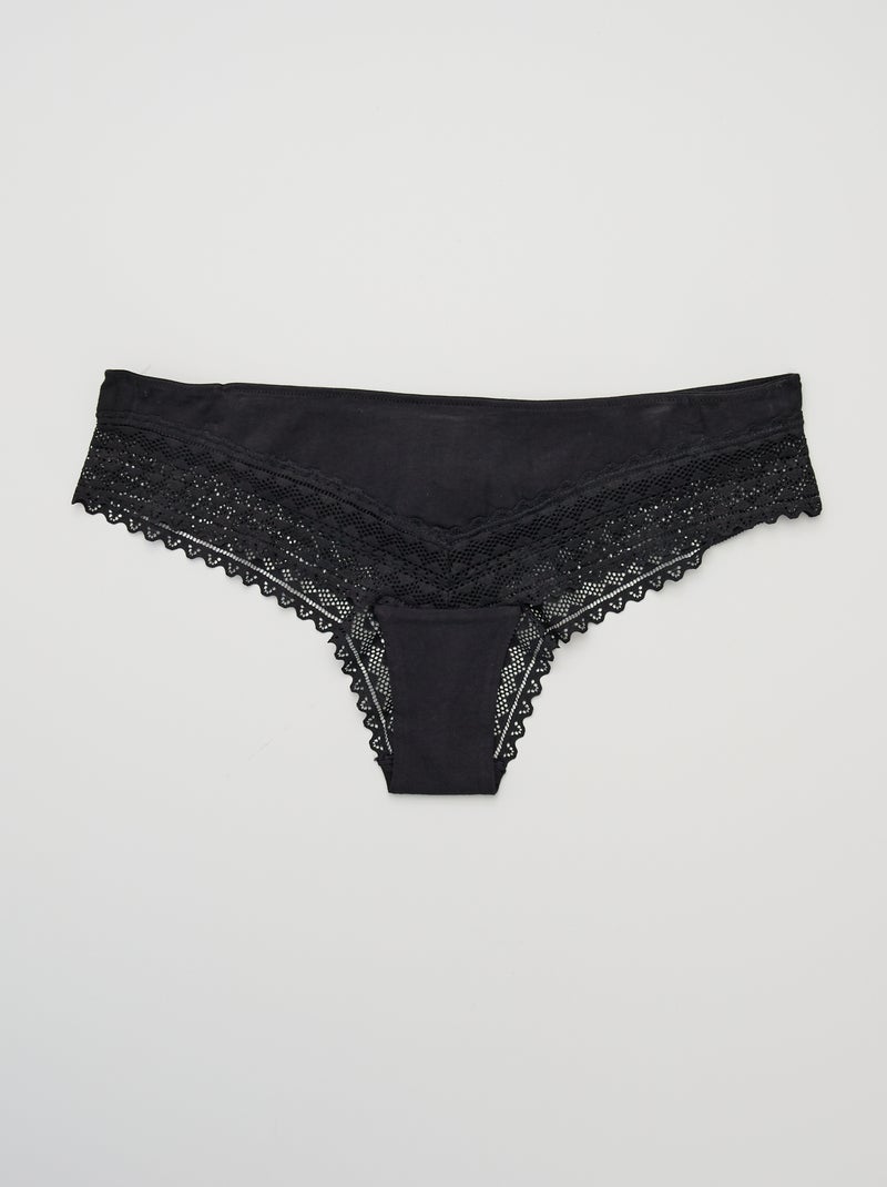 Pack de 3 tangas de algodón y encaje NEGRO - Kiabi