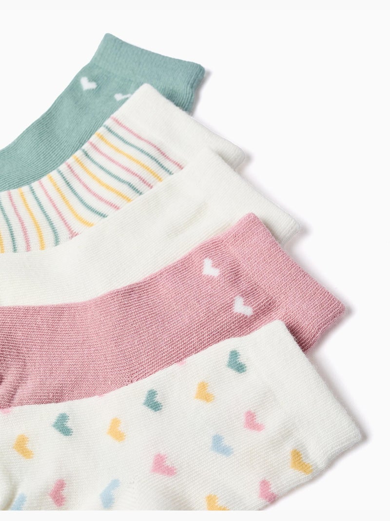 Pack de 5 pares de calcetines a rayas/corazones Beige/Rosa/Verde agua - Kiabi