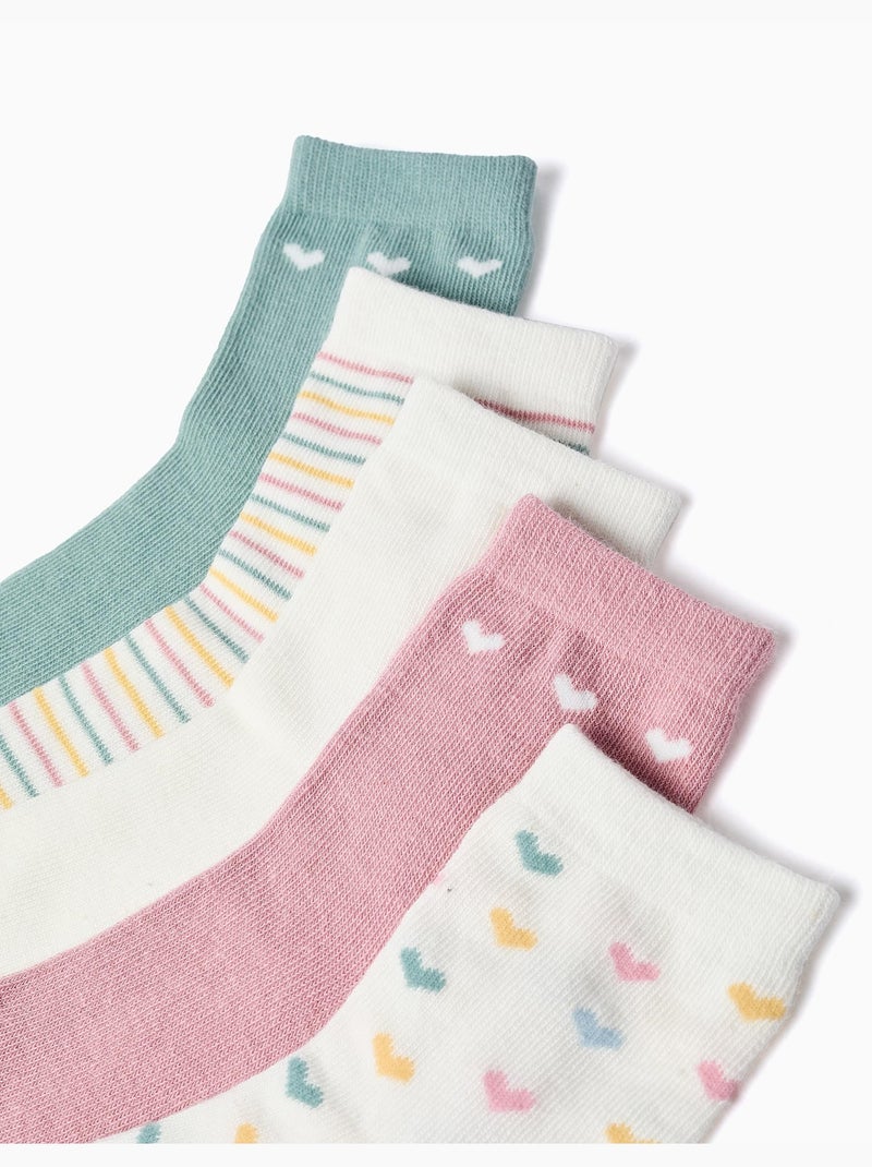 Pack de 5 pares de calcetines a rayas/corazones Beige/Rosa/Verde agua - Kiabi