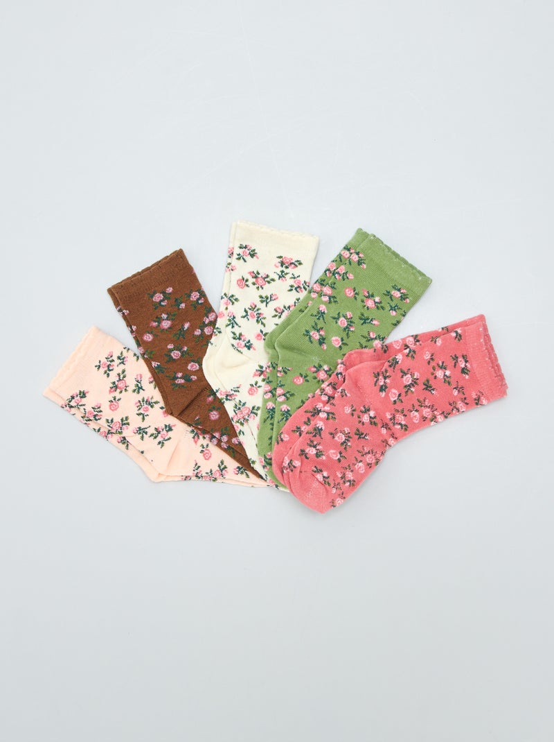 Pack de 5 pares de calcetines con estampado de flores ROSA - Kiabi