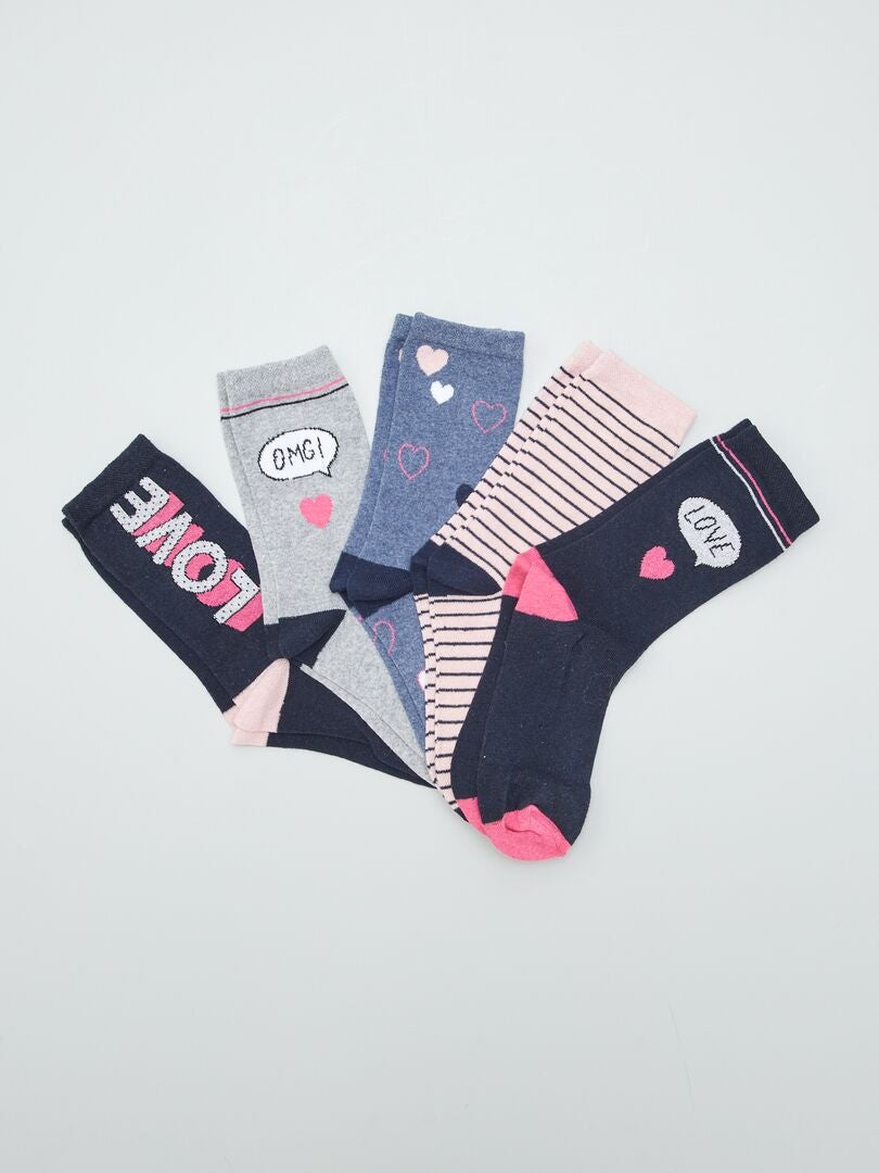 Pack de 5 pares de calcetines estampados ROSA - Kiabi