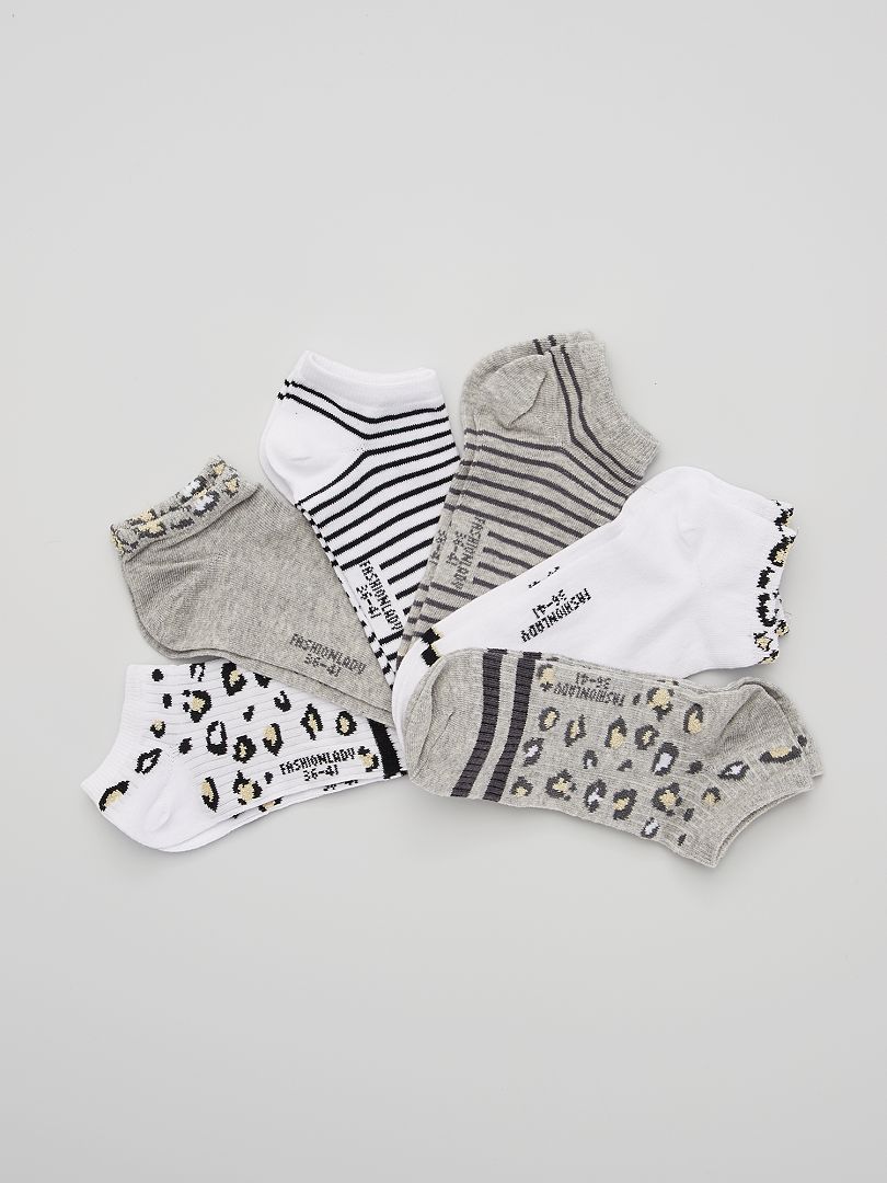 Pack de 6 pares de calcetines tobilleros estampados blanco/gris - Kiabi