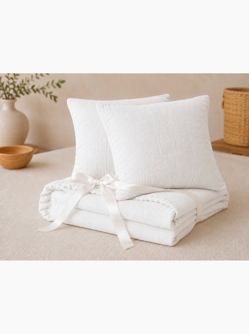 Pack sábana bajera + 2 fundas de almohada doble gasa de algodón gaïa - Kiabi Pack sábana bajera + 2 fundas de almohada doble gasa de algodón gaïa - Kiabi