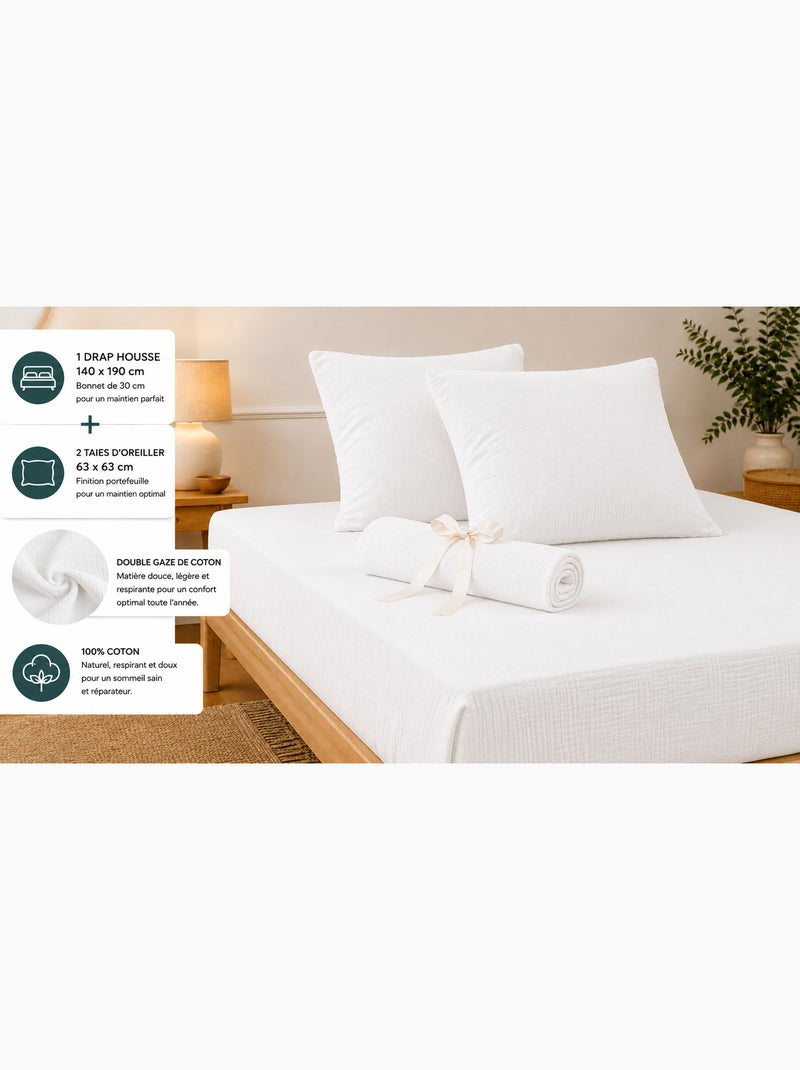 Pack sábana bajera + 2 fundas de almohada doble gasa de algodón gaïa Blanco - Kiabi