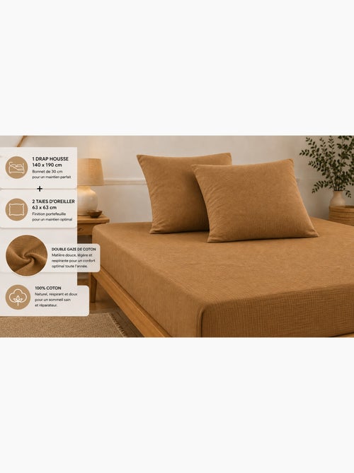 Pack sábana bajera + 2 fundas de almohada doble gasa de algodón gaïa - Kiabi Pack sábana bajera + 2 fundas de almohada doble gasa de algodón gaïa - Kiabi