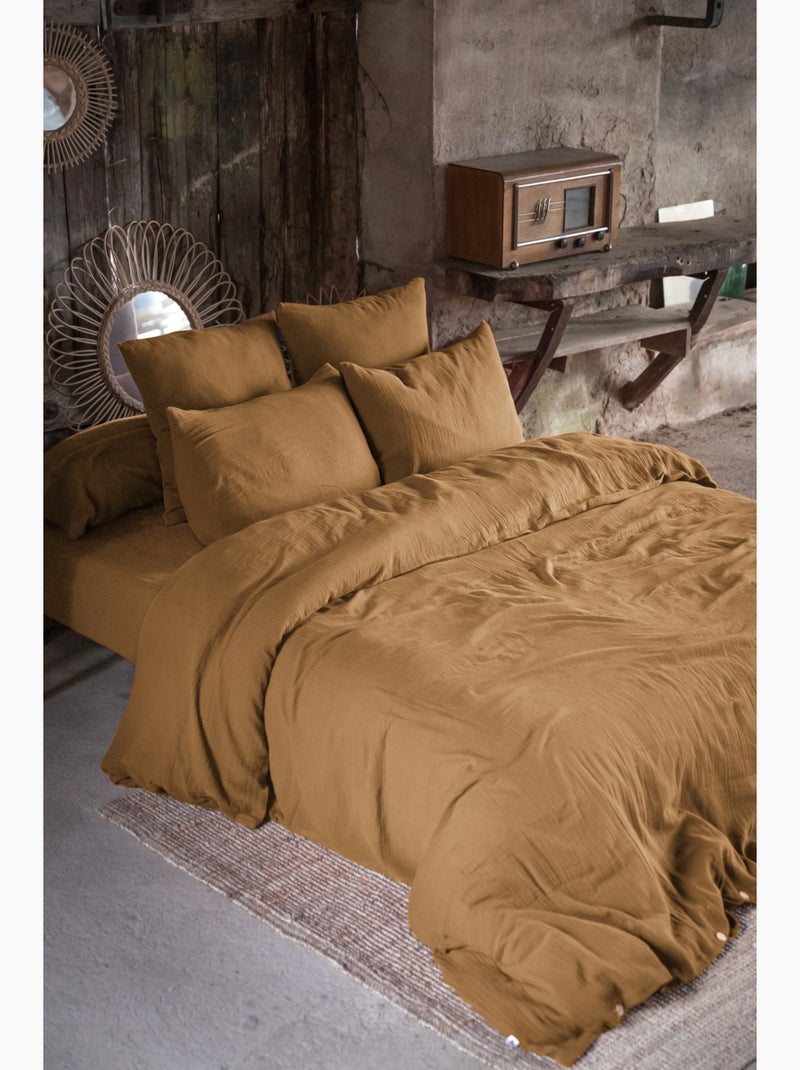 Pack sábana bajera + 2 fundas de almohada doble gasa de algodón gaïa Camel - Kiabi