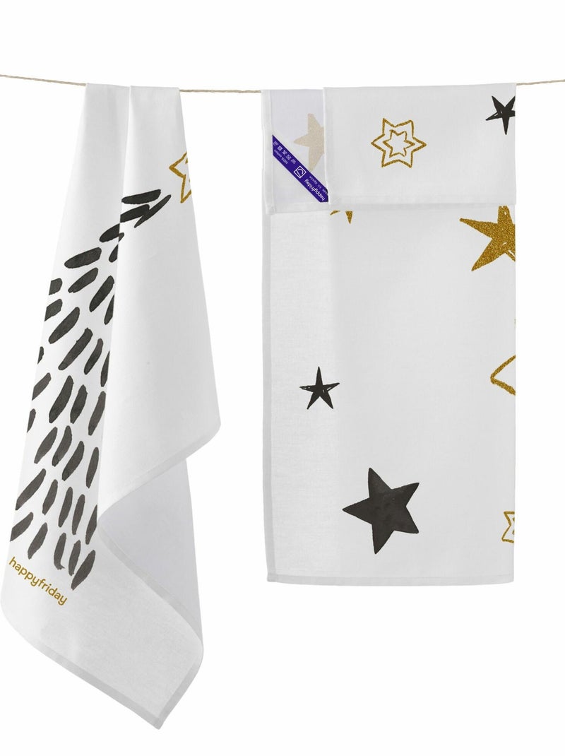 Paño de cocina 2 ud Gold Xmas "Happyfriday" Blanco - Kiabi
