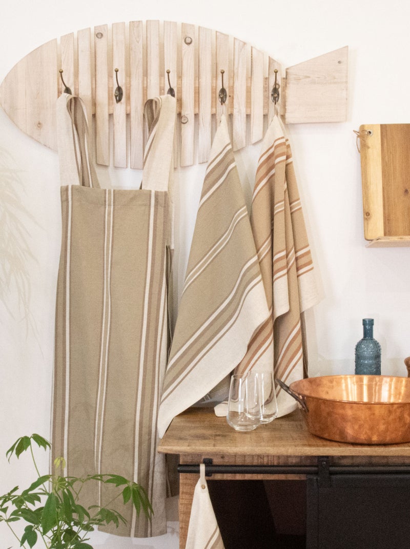 Paño de cocina a rayas de algodón y lino Taupe - Kiabi