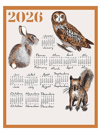 Paño de cocina calendario 2026 con animales del jardín en algodón