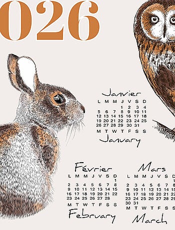 Paño de cocina calendario 2026 con animales del jardín en algodón