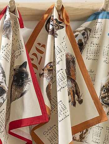 Paño de cocina calendario 2026 con animales del jardín en algodón