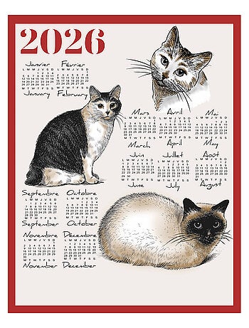 Paño de cocina calendario 2026 con motivo de gatos en algodón