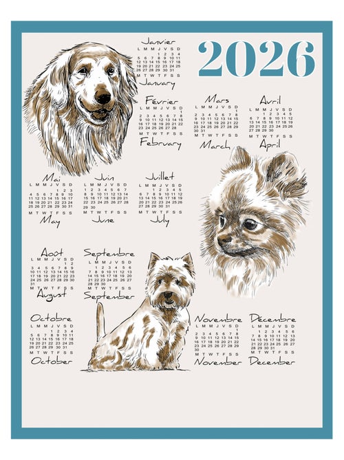 Paño de cocina calendario 2026 con motivo de perros en algodón - Kiabi
