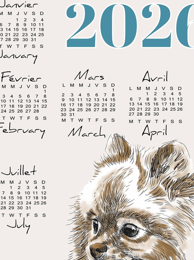 Paño de cocina calendario 2026 con motivo de perros en algodón Azul - Kiabi