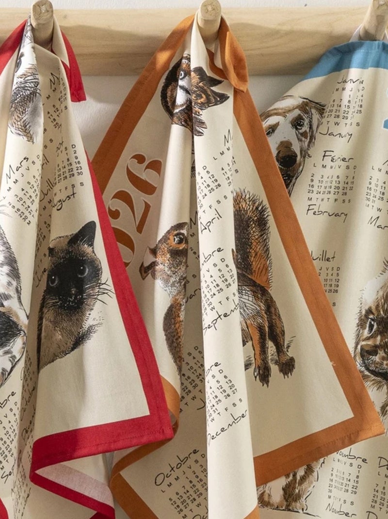 Paño de cocina calendario 2026 con motivo de perros en algodón Azul - Kiabi