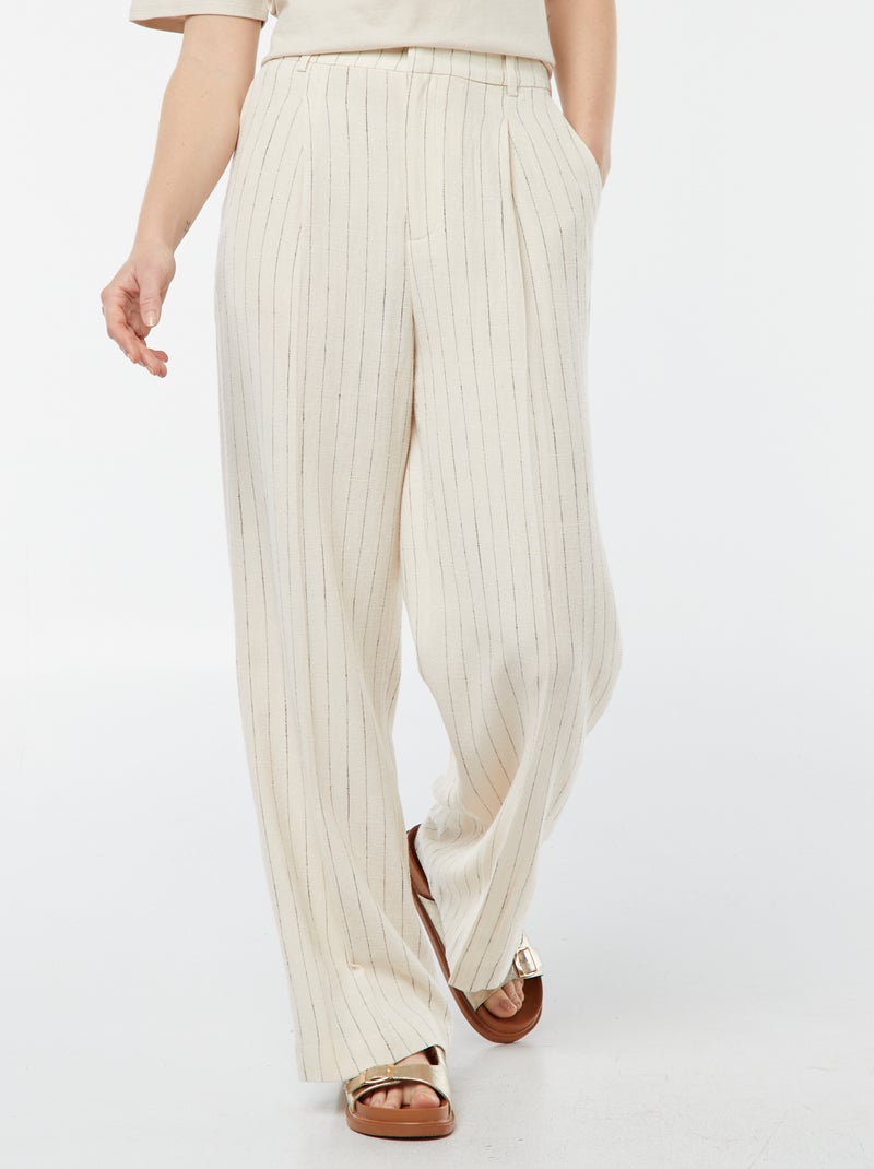 Pantalón ancho a rayas de mezcla de lino BEIGE - Kiabi
