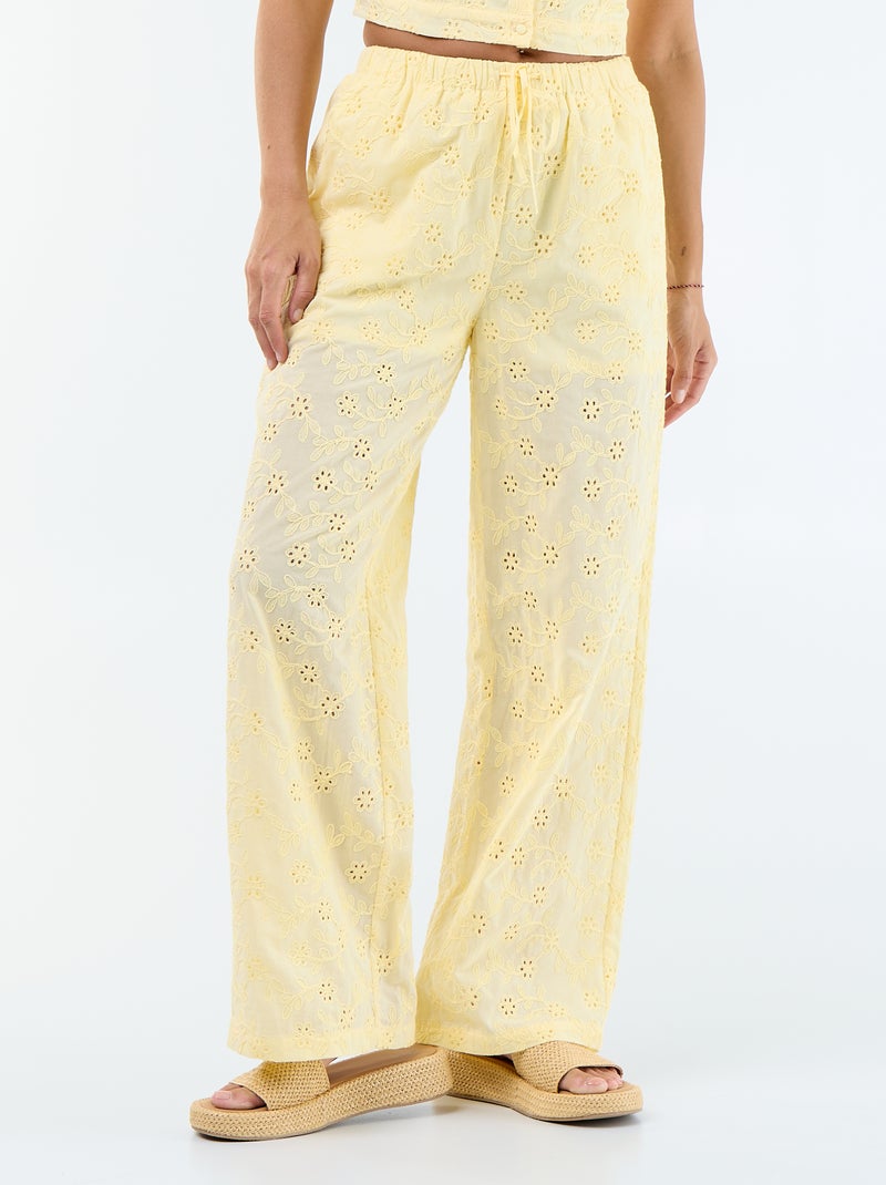 Pantalón ancho con bordado inglés en algodón liso Amarillo - Kiabi