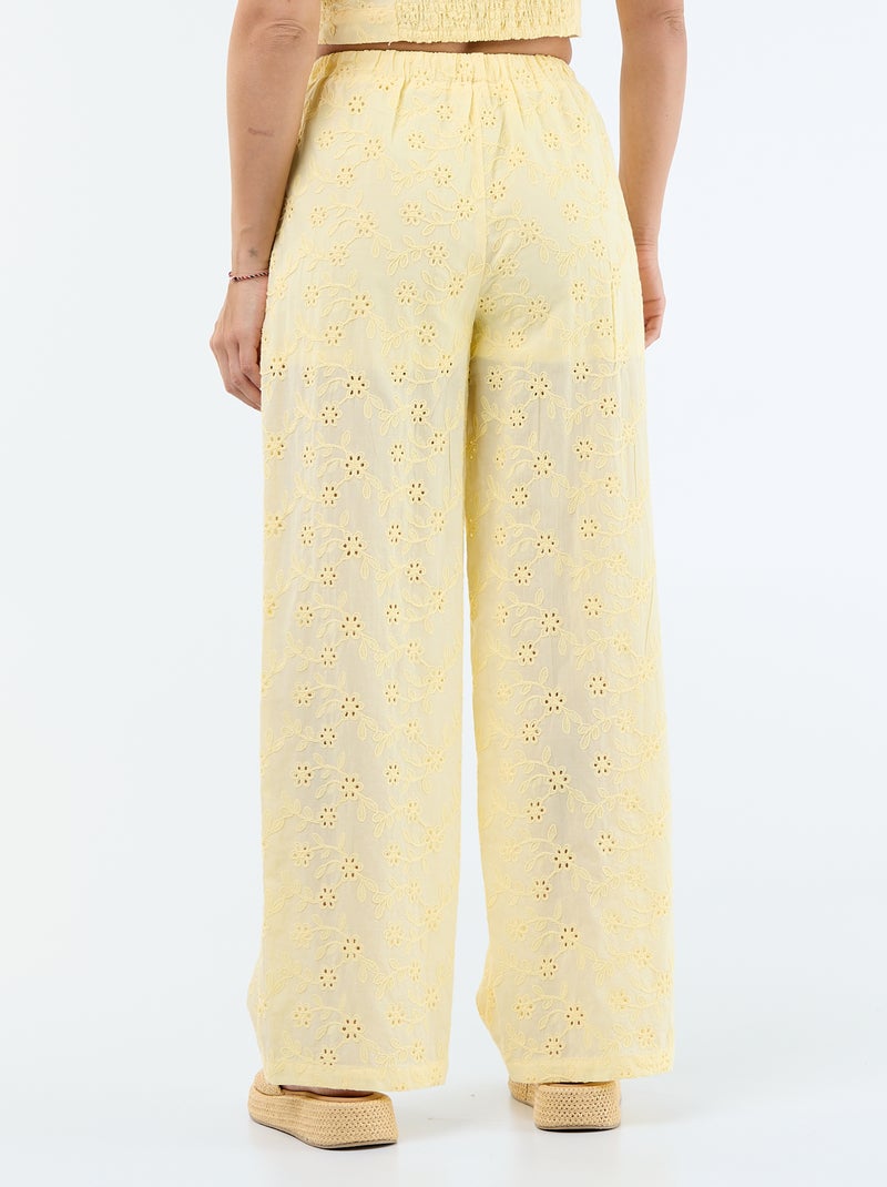 Pantalón ancho con bordado inglés en algodón liso Amarillo - Kiabi