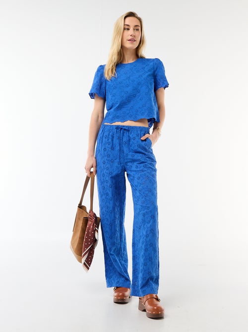 Pantalón ancho con bordado inglés en algodón liso - Kiabi