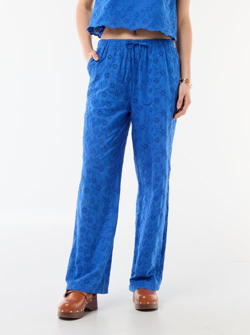 Pantalón ancho con bordado inglés en algodón liso - Kiabi